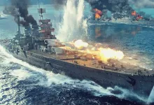 War Thunder warship firing during a naval battle with other ships and explosions in the background.