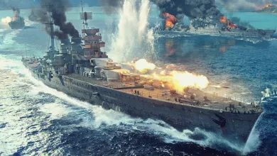 War Thunder warship firing during a naval battle with other ships and explosions in the background.