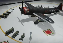 A P-47M fighter aircraft with US markings sits on a hangar floor beside bombs and rockets in War Thunder.