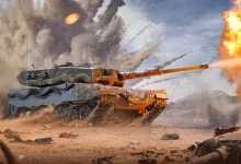 War Thunder tank firing across a dusty battlefield amid explosions