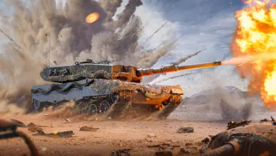 War Thunder tank firing across a dusty battlefield amid explosions