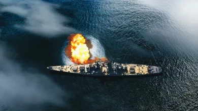 War Thunder battleship firing across the sea during a naval battle.