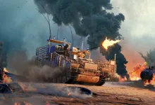A slat-armored War Thunder ground vehicle fires its cannon amid smoke and burning vehicles on a battlefield.