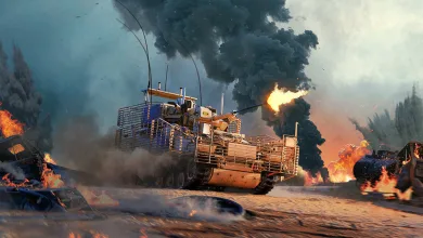 A slat-armored War Thunder ground vehicle fires its cannon amid smoke and burning vehicles on a battlefield.
