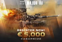 War Thunder WTCS Major III promotional artwork showing a tank amid an explosion with text announcing registration and a €5,000 cash prize