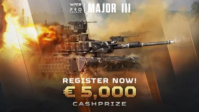 War Thunder WTCS Major III promotional artwork showing a tank amid an explosion with text announcing registration and a €5,000 cash prize