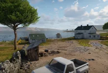 A coastal settlement with small houses, a dirt road, rocky shoreline, and a parked pickup truck in War Thunder's Darwin Hill map