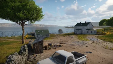 A coastal settlement with small houses, a dirt road, rocky shoreline, and a parked pickup truck in War Thunder's Darwin Hill map