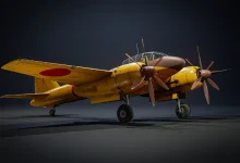 The yellow Japanese Ki-93-I Ko twin-engine attacker on a dark background