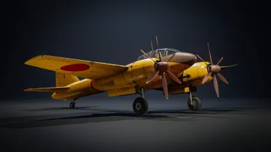 The yellow Japanese Ki-93-I Ko twin-engine attacker on a dark background