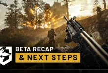WARDOGS combat scene with a rifle in the foreground, soldiers near an industrial landscape, and text reading “Beta Recap & Next Steps.”