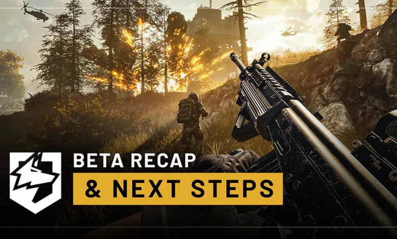 WARDOGS combat scene with a rifle in the foreground, soldiers near an industrial landscape, and text reading “Beta Recap & Next Steps.”