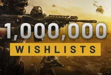 Military shooter artwork showing a soldier and helicopters beneath large text reading “1,000,000 WISHLISTS.”