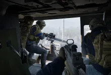 WARDOGS soldiers inside a military vehicle prepare to fire toward an industrial landscape while a rifle is visible in the foreground.