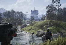 WARDOGS soldiers move through a river toward an industrial facility in a wooded combat environment