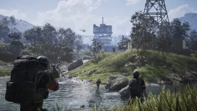 WARDOGS soldiers move through a river toward an industrial facility in a wooded combat environment