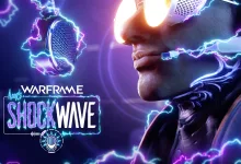 Warframe character beside the Amir's Shockwave logo amid bright electric arcs