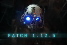 A glowing blue-eyed Servo Skull above the text "PATCH 1.12.5"