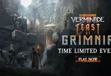 Warhammer: Vermintide 2 characters in a rocky fortress setting beneath the Feast of Grimnir event title