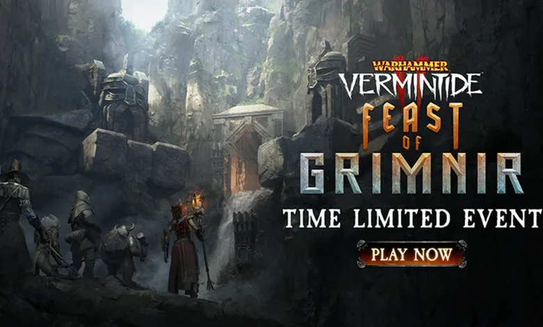 Warhammer: Vermintide 2 characters in a rocky fortress setting beneath the Feast of Grimnir event title