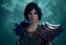 A dark-haired fantasy warrior with glowing eyes and feathered armor stands against a misty blue background.