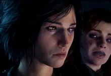 Two fantasy characters with glowing eyes shown in a dark cinematic scene from Warlock