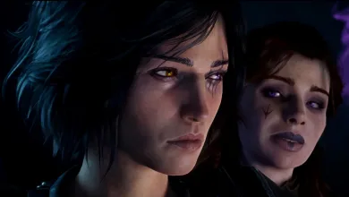 Two fantasy characters with glowing eyes shown in a dark cinematic scene from Warlock