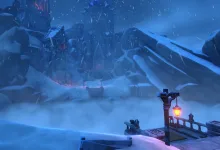 A snow-covered Antarctic landscape with a lantern-lit bridge and icy rock formations from We Were Here Together.