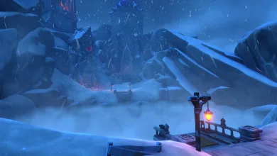 A snow-covered Antarctic landscape with a lantern-lit bridge and icy rock formations from We Were Here Together.