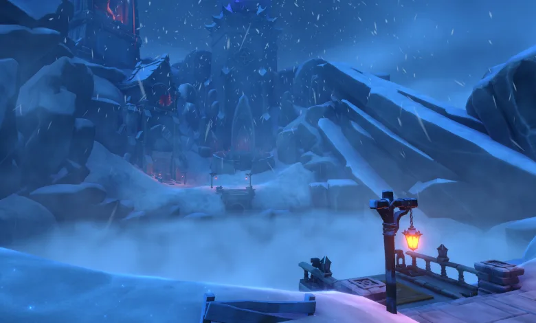 A snow-covered Antarctic landscape with a lantern-lit bridge and icy rock formations from We Were Here Together.