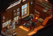 A warmly lit pixel-art home interior with a piano, fireplace, kitchen, and staircase in Whisper of the House