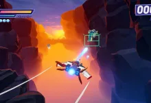 A futuristic aircraft fires at an enemy while flying through a canyon in Wild Blue Skies.