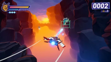 A futuristic aircraft fires at an enemy while flying through a canyon in Wild Blue Skies.