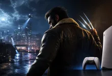 A clawed Wolverine-like character stands beside PlayStation 5 consoles and a controller in a rainy nighttime city.