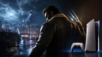 A clawed Wolverine-like character stands beside PlayStation 5 consoles and a controller in a rainy nighttime city.