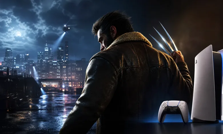 A clawed Wolverine-like character stands beside PlayStation 5 consoles and a controller in a rainy nighttime city.