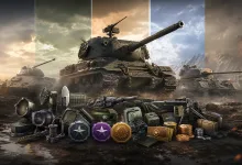 Several tanks advance across a battlefield behind a spread of equipment, medals, and currency-like rewards.