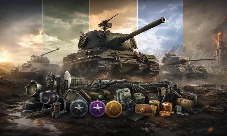 Several tanks advance across a battlefield behind a spread of equipment, medals, and currency-like rewards.