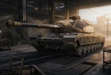 An ornate black-and-gold armored tank displayed inside an industrial assembly workshop.