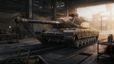 An ornate black-and-gold armored tank displayed inside an industrial assembly workshop.