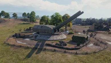 A fortified pillbox with a large gun stands in a World of Tanks Frontline battlefield.