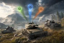 Three tanks positioned across a mountainous battlefield beneath green, blue, and orange role markers