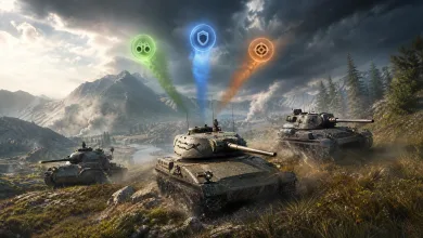 Three tanks positioned across a mountainous battlefield beneath green, blue, and orange role markers