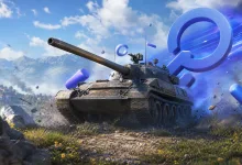 A military tank drives through a bright mountainous landscape beside abstract blue cloud-gaming graphics.