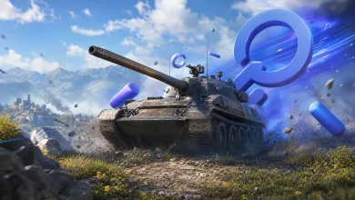 A military tank drives through a bright mountainous landscape beside abstract blue cloud-gaming graphics.