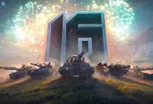 World of Tanks tanks gathered beneath a giant 16 with fireworks in the background