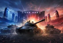 Three armored tanks facing a brightly lit esports stage in a dramatic battlefield scene