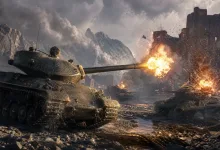 Armored tanks exchange fire across a smoky battlefield, with a bright muzzle flash and explosions near a ruined structure.