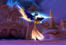 A winged World of Warcraft: Midnight character hovering in an ornate purple city