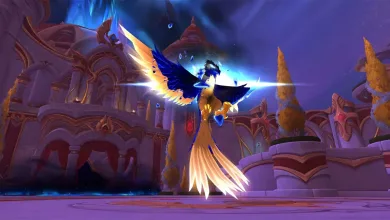 A winged World of Warcraft: Midnight character hovering in an ornate purple city